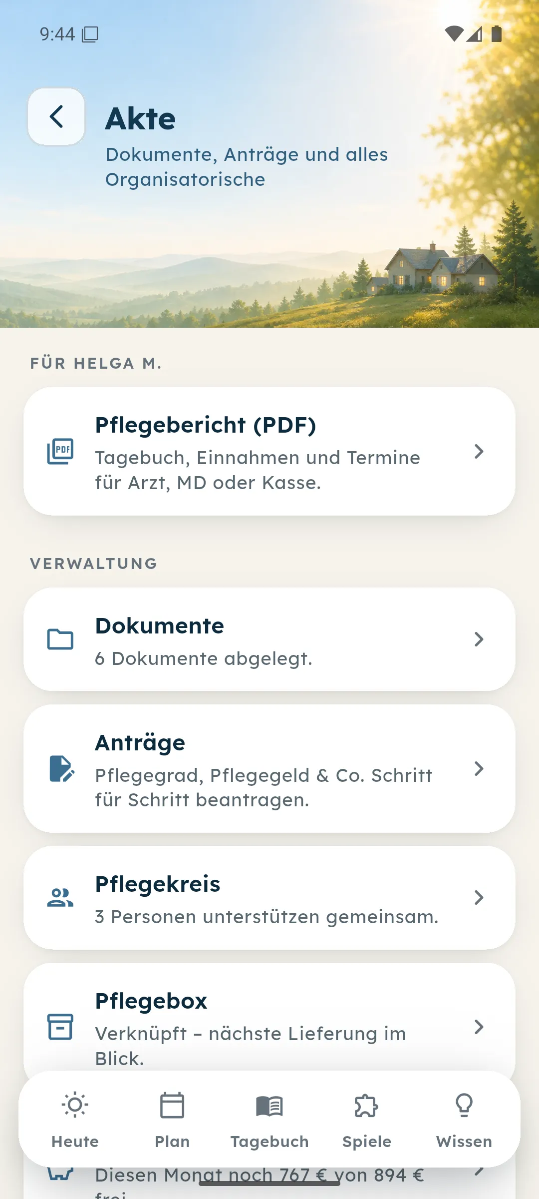 Akte mit Pflegebericht, Dokumenten, Anträgen und Pflegekreis
