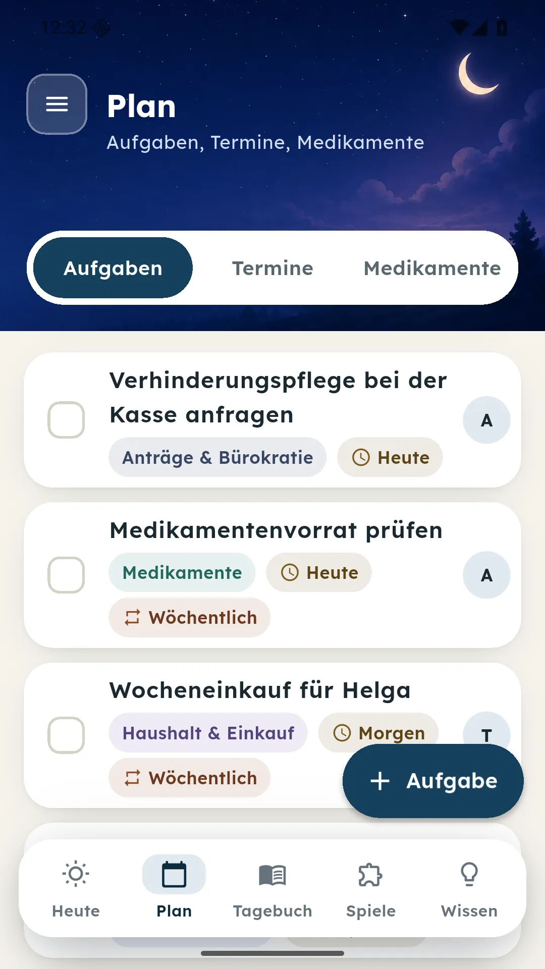 Plan-Ansicht mit offenen Pflegeaufgaben und Schaltfläche Aufgabe