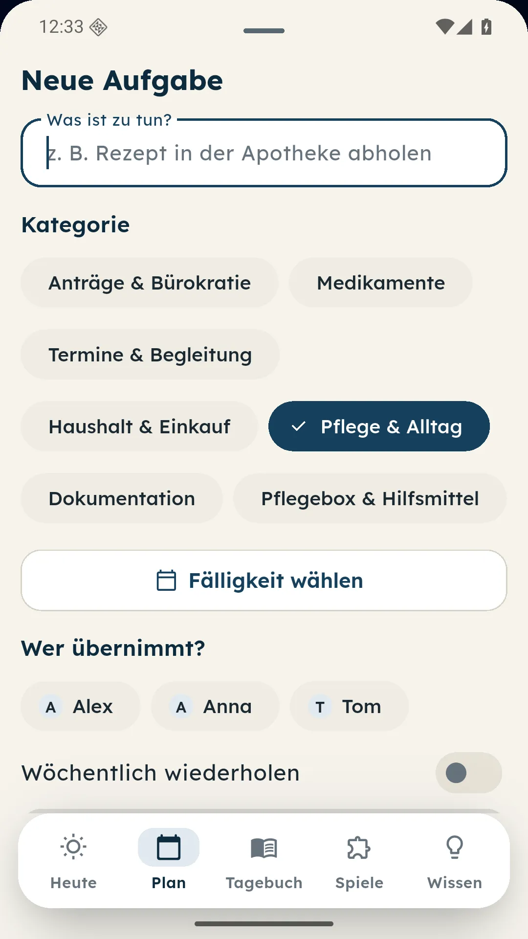 Formular Neue Aufgabe mit Kategorien, Fälligkeit und Zuständigkeit