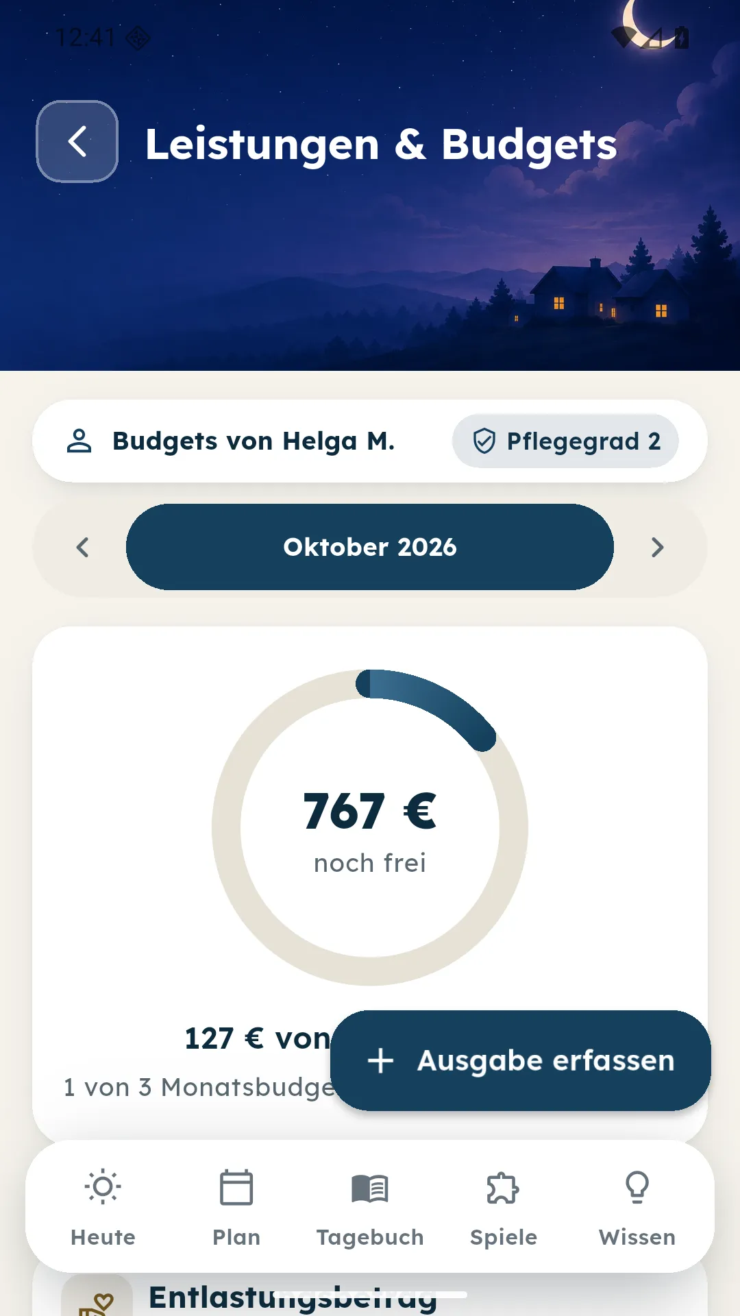 Budgetübersicht mit Pflegegrad, Monat, freiem Betrag und Schaltfläche Ausgabe erfassen