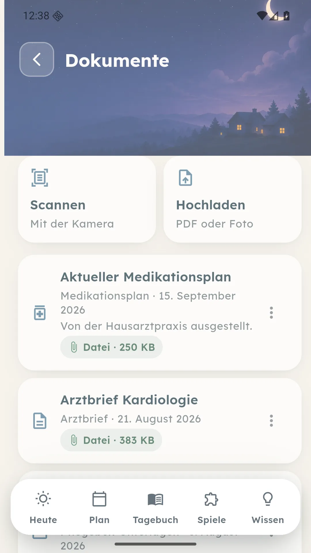 Dokumentenübersicht mit den Aktionen Scannen und Hochladen