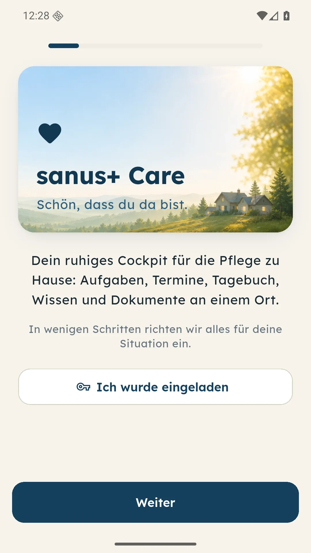 Willkommensseite von sanus+ Care mit den Schaltflächen Weiter und Ich wurde eingeladen