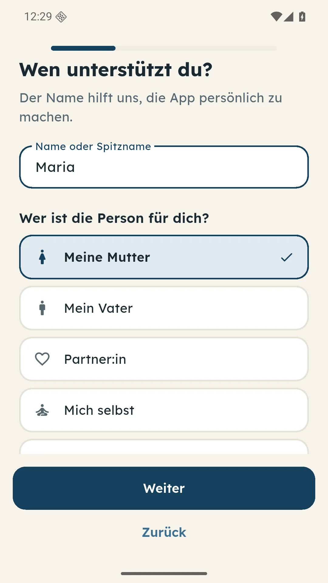Einrichtungsseite Wen unterstützt du mit Namensfeld und Beziehungsauswahl