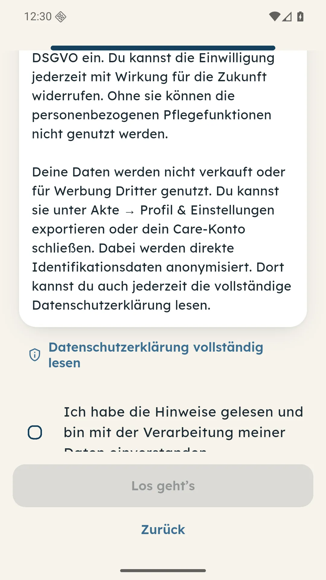Letzter Einrichtungsschritt mit Datenschutzhinweisen, Einwilligung und Schaltfläche Los geht’s