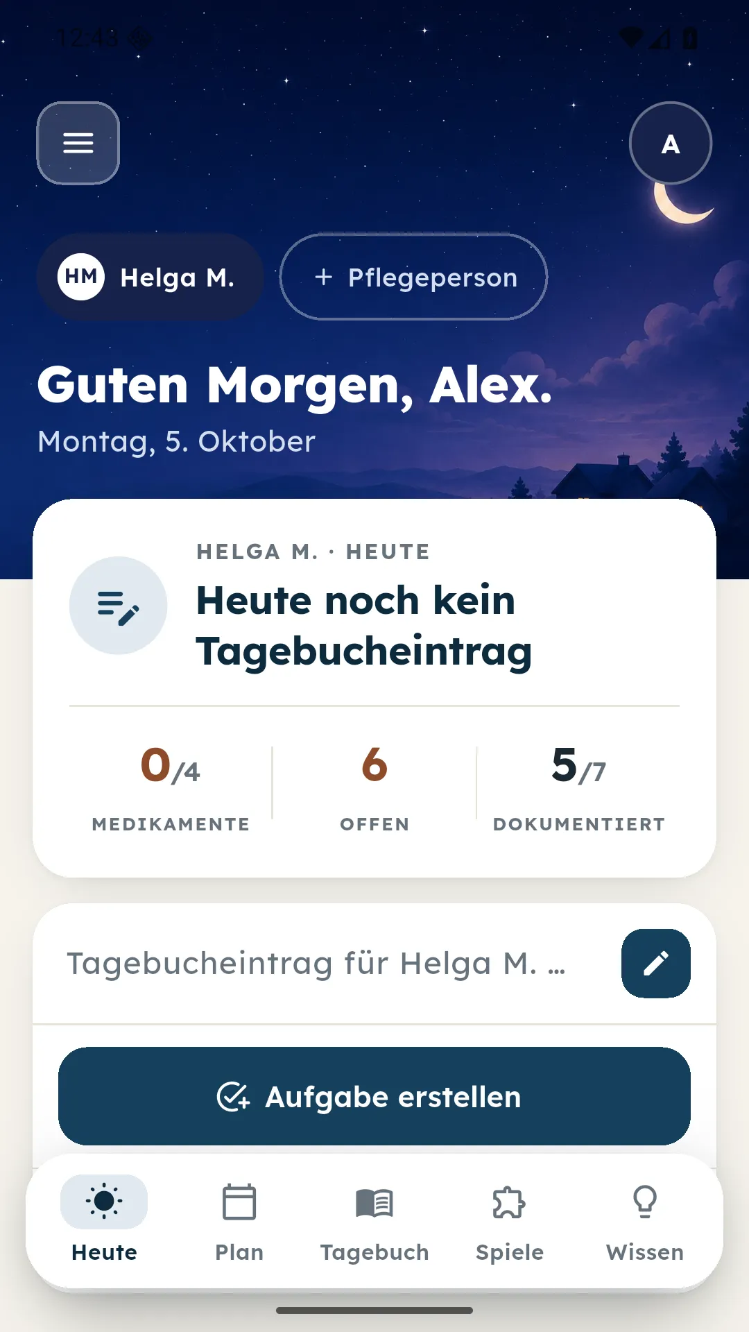 Heute-Ansicht von sanus+ Care mit Tagesüberblick und unterer Navigation