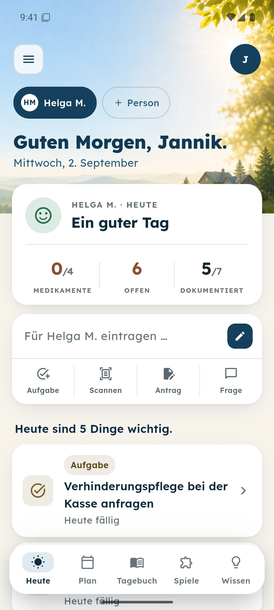 Startbildschirm der App: Begrüßung, Tagesüberblick mit Medikamenten und offenen Aufgaben