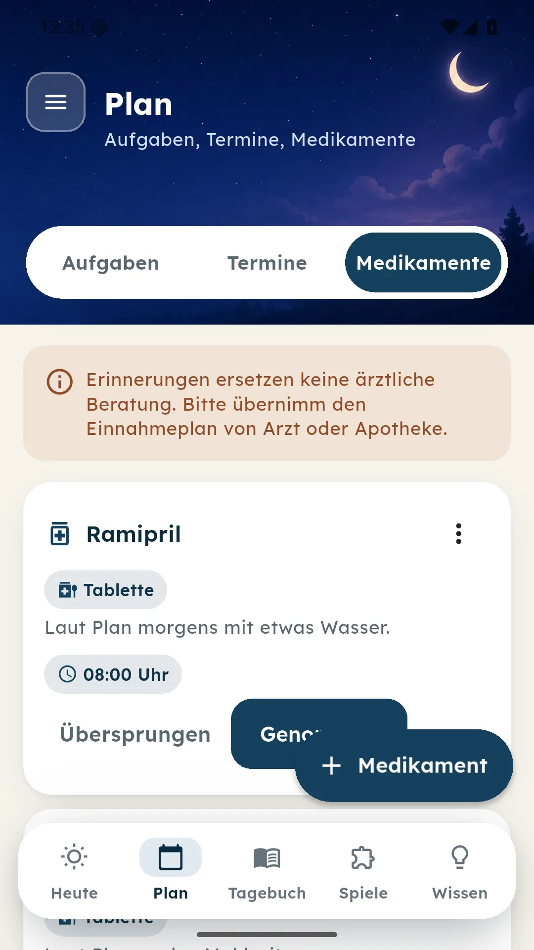 Medikamentenübersicht im Plan mit Einnahmezeiten und Rhythmen