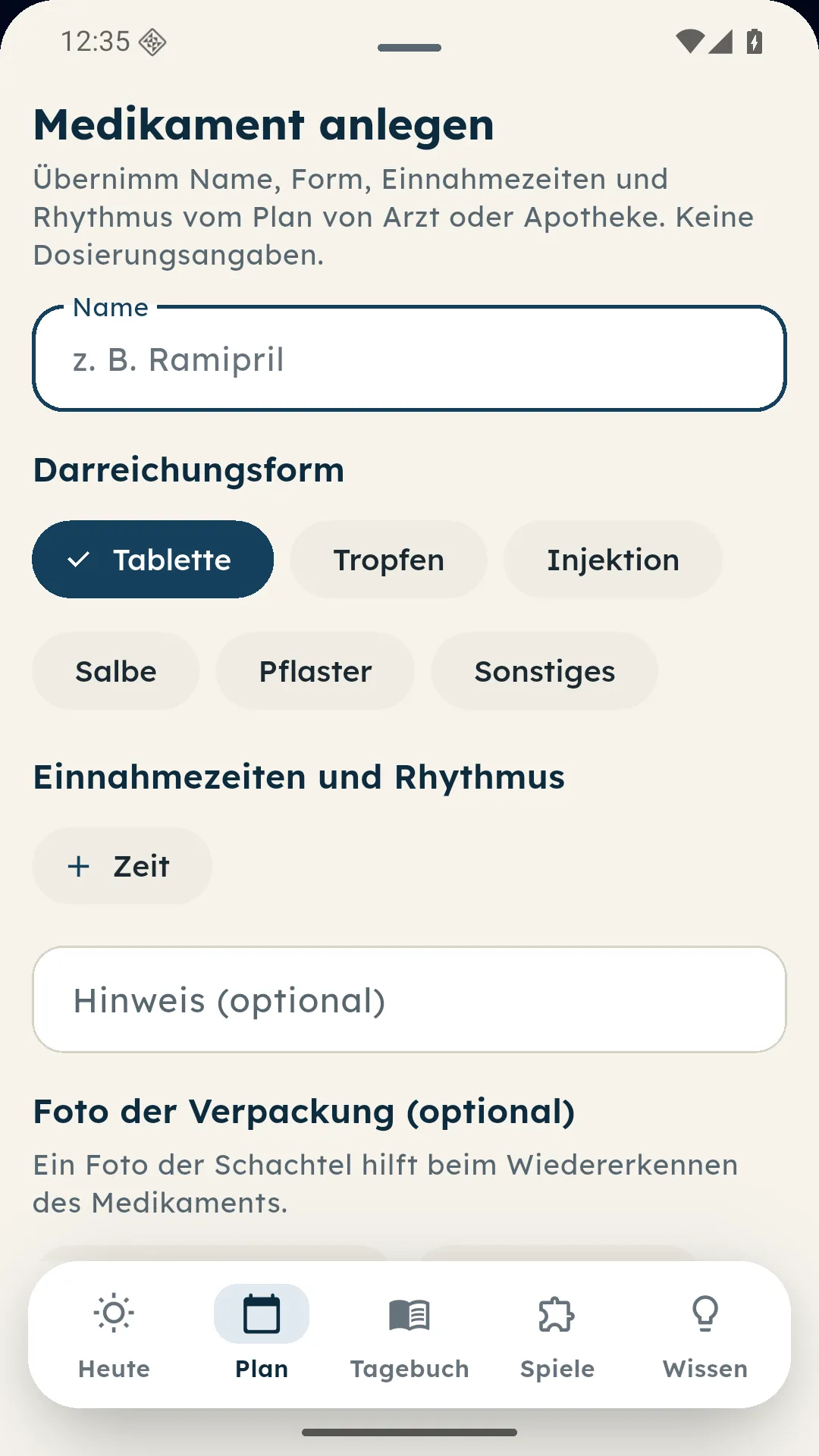 Formular Medikament anlegen mit Name, Darreichungsform und Einnahmezeiten