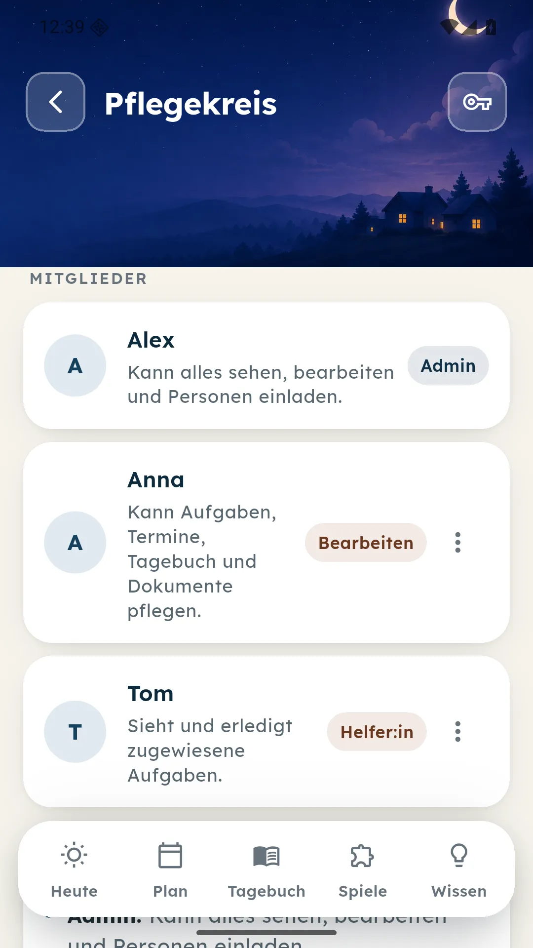 Pflegekreis mit drei Mitgliedern und den Rollen Admin, Bearbeiten und Helfer