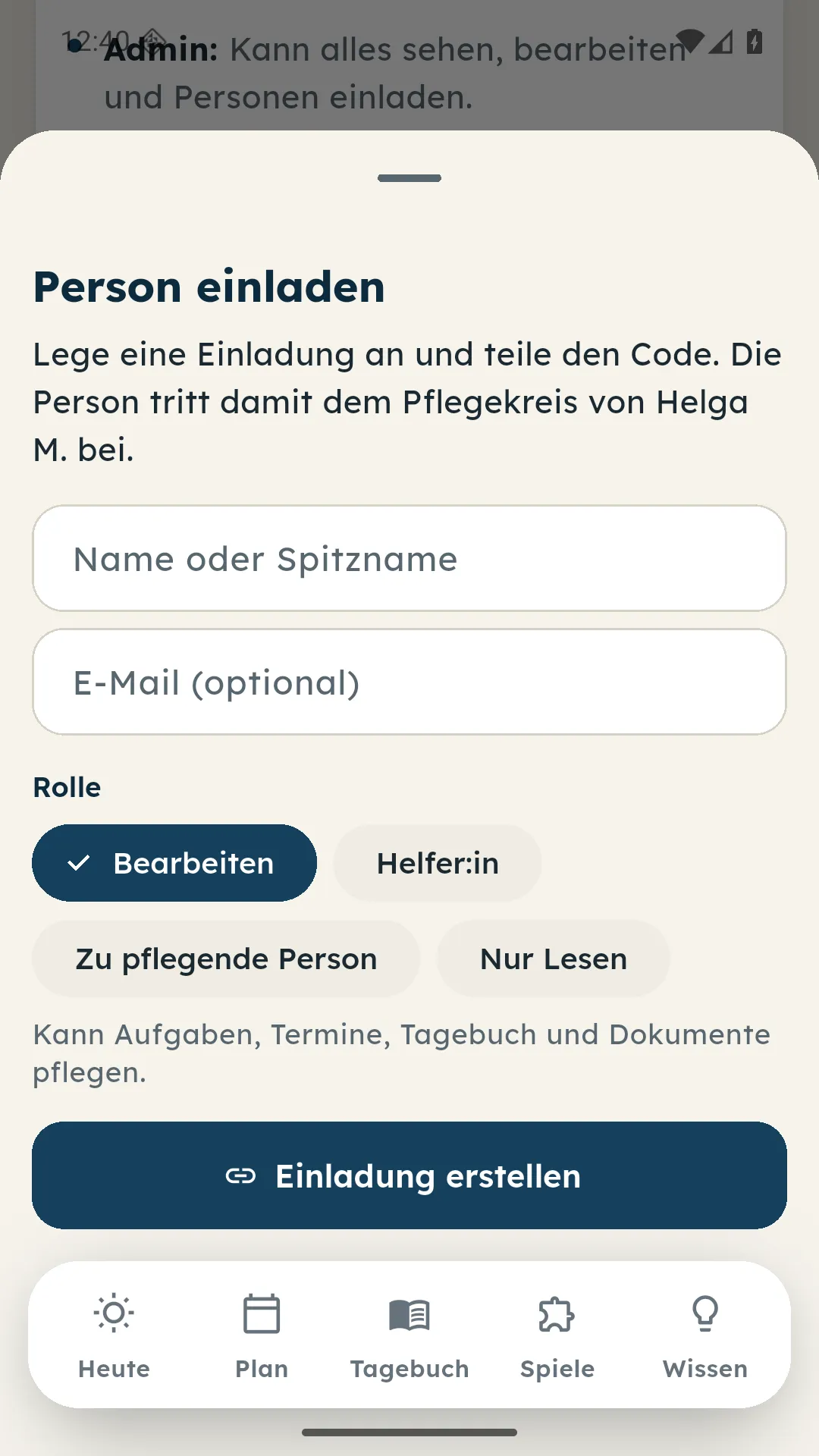 Formular Person einladen mit Name, optionaler E-Mail und Rollenauswahl