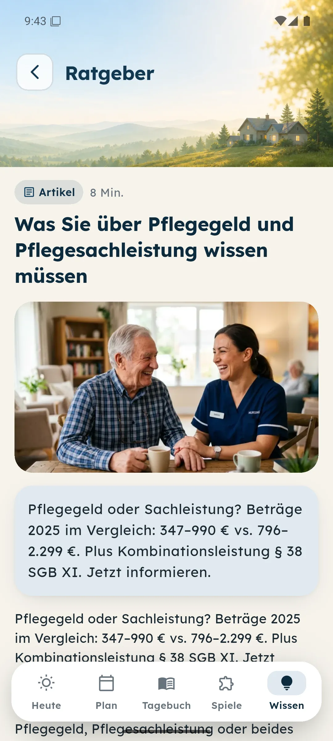 Geöffneter Ratgeber-Artikel mit Bild, Kurzantwort und Quelle