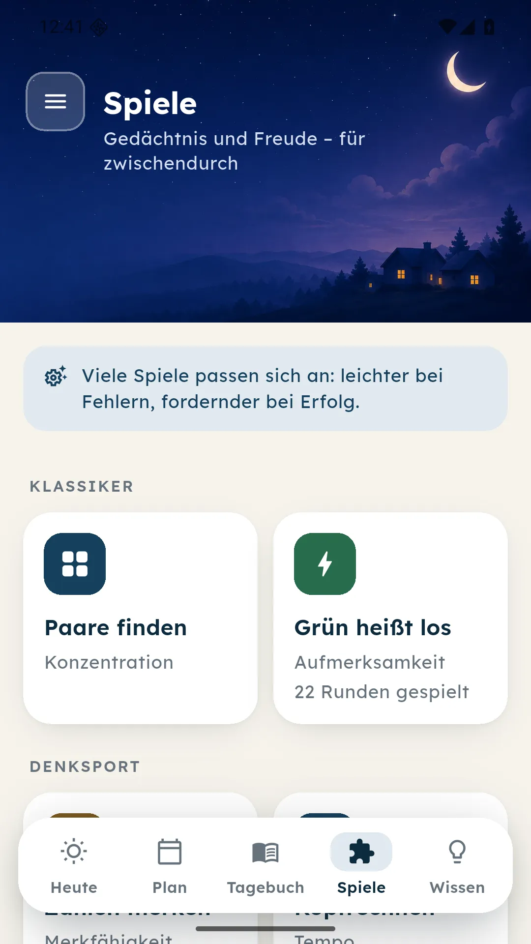 Spieleübersicht von sanus+ Care mit Karten für verschiedene Aktivierungsspiele