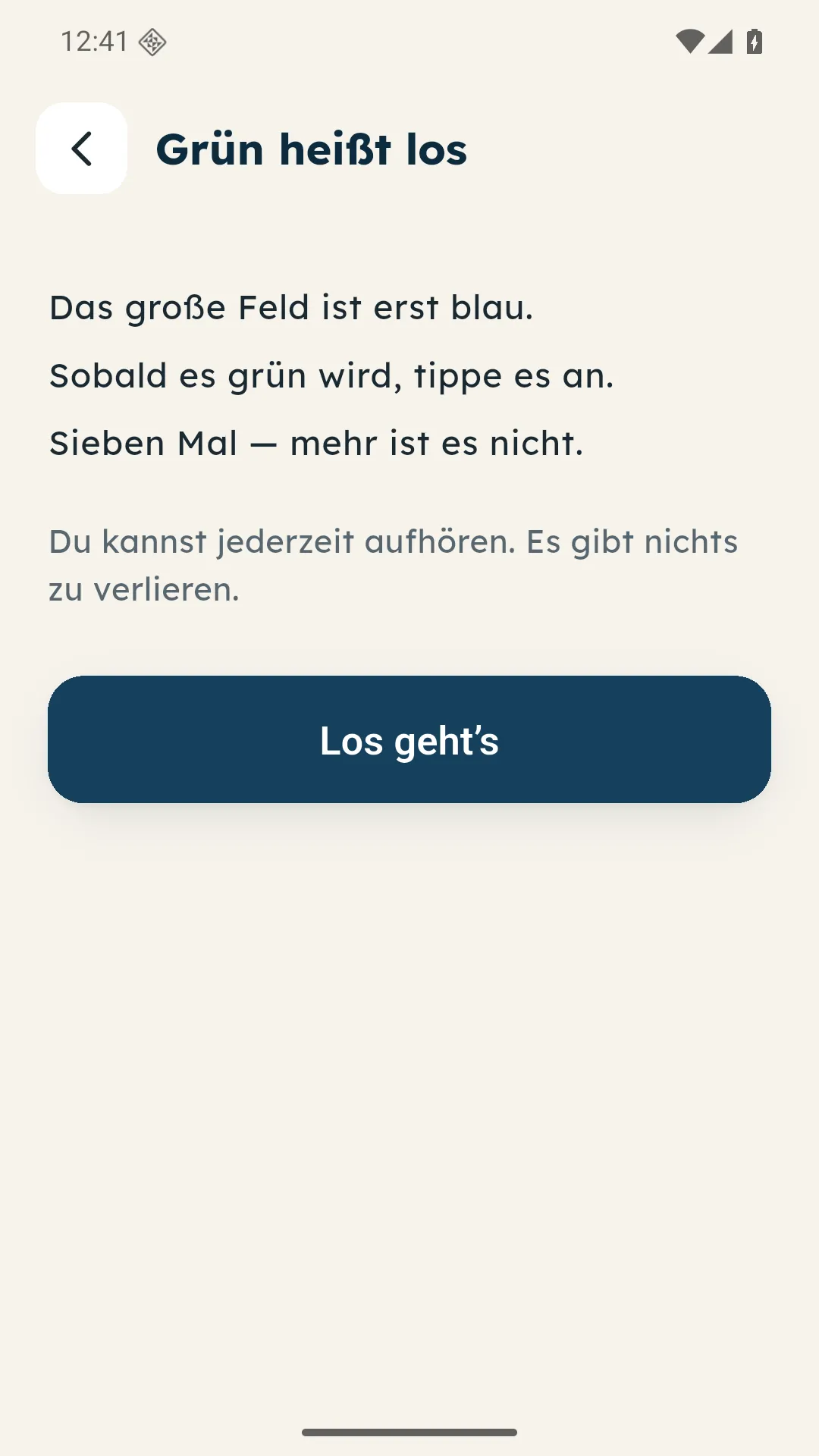 Startseite des Spiels Grün heißt los mit drei Hinweisen und Schaltfläche Los geht’s