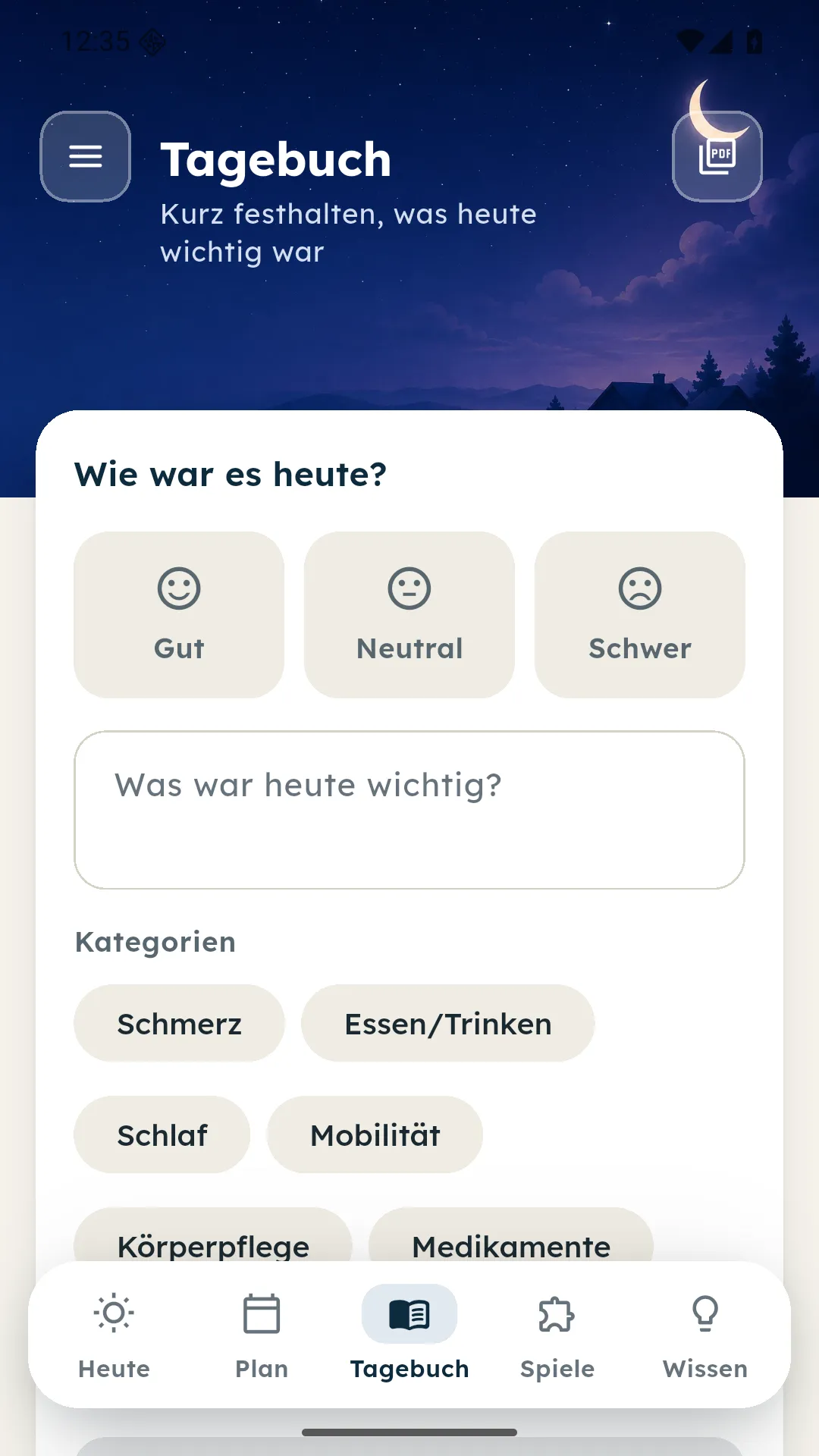 Pflegetagebuch mit Stimmungsauswahl, Textfeld und Kategorien