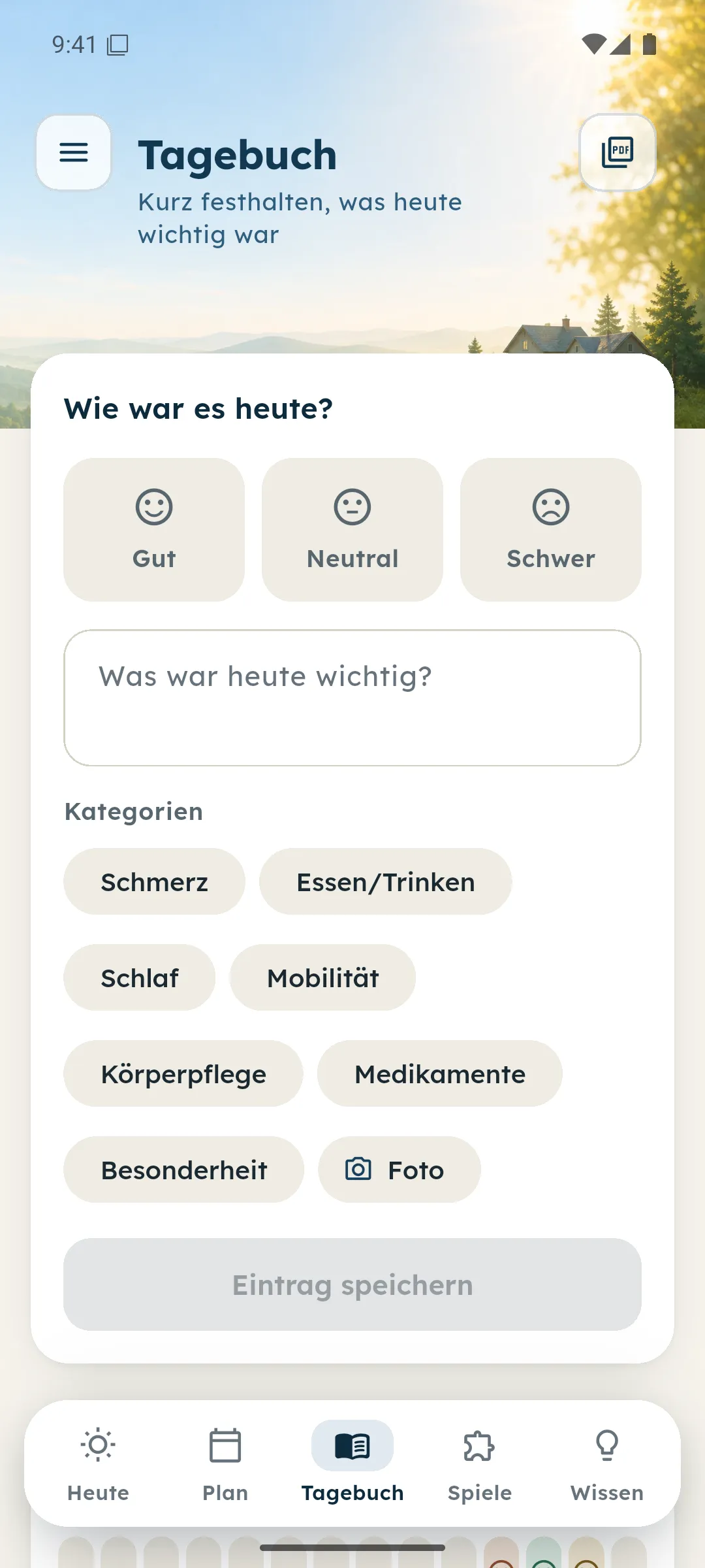 Pflegetagebuch mit Stimmung, Notizfeld und Kategorien